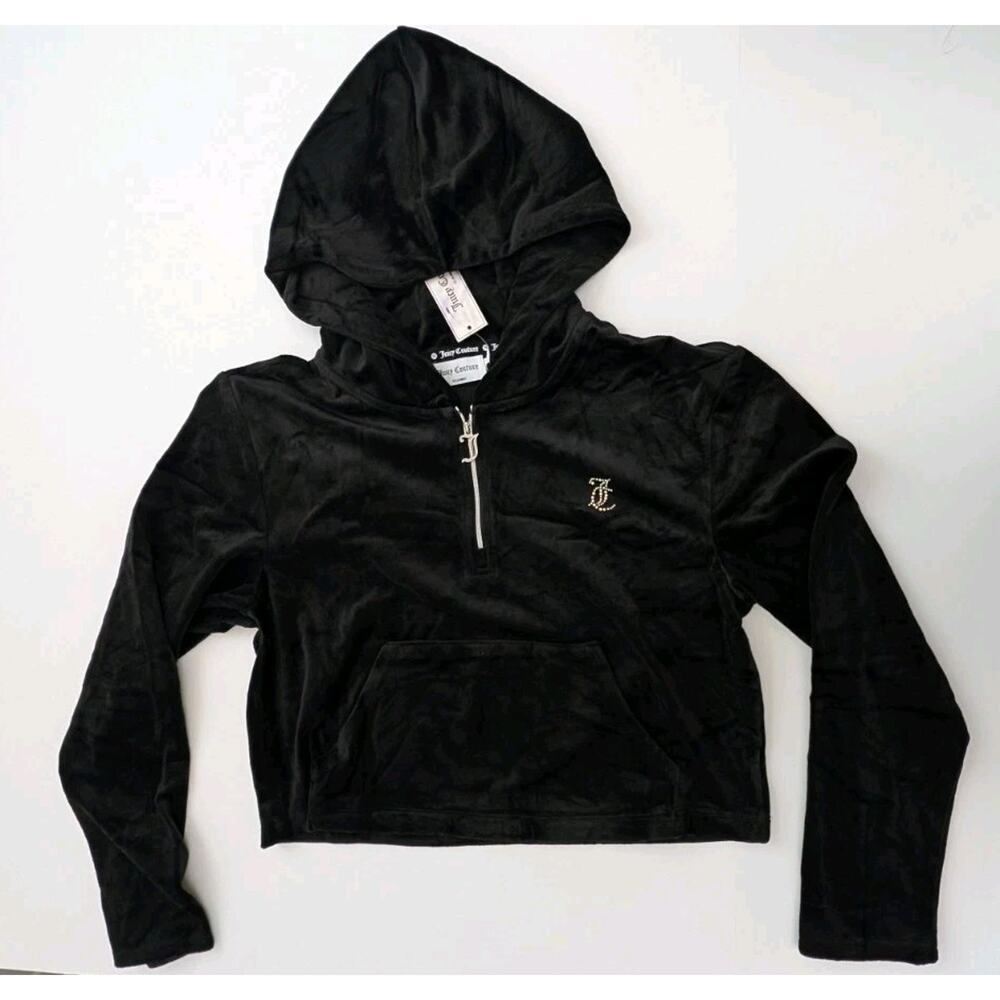 NWT Juicy Couture Black Velour Quarter Zip Hoodie Women's Size Large